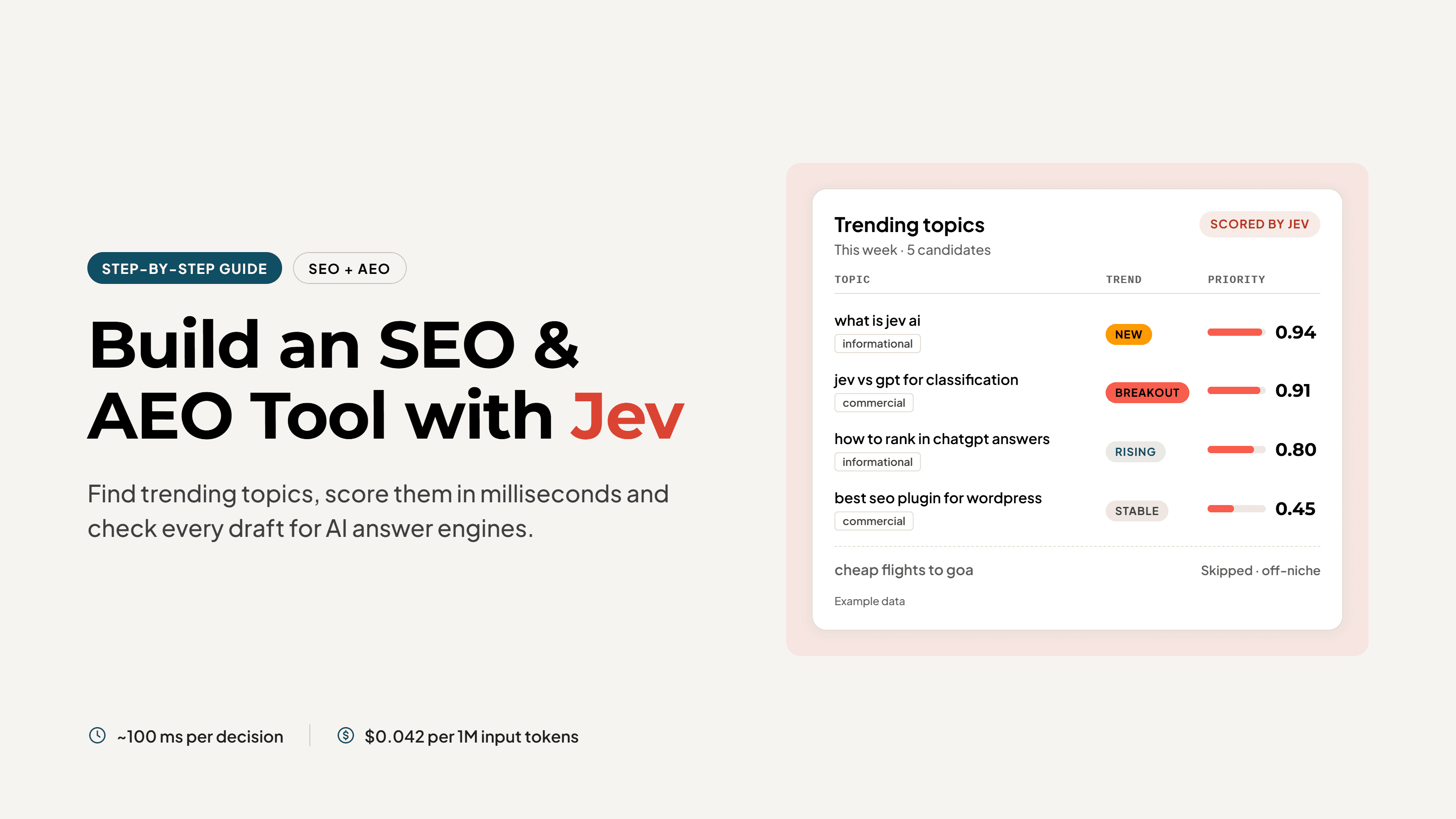 Build an SEO and AEO tool with Jev: trending topics ranked by Jev priority score
